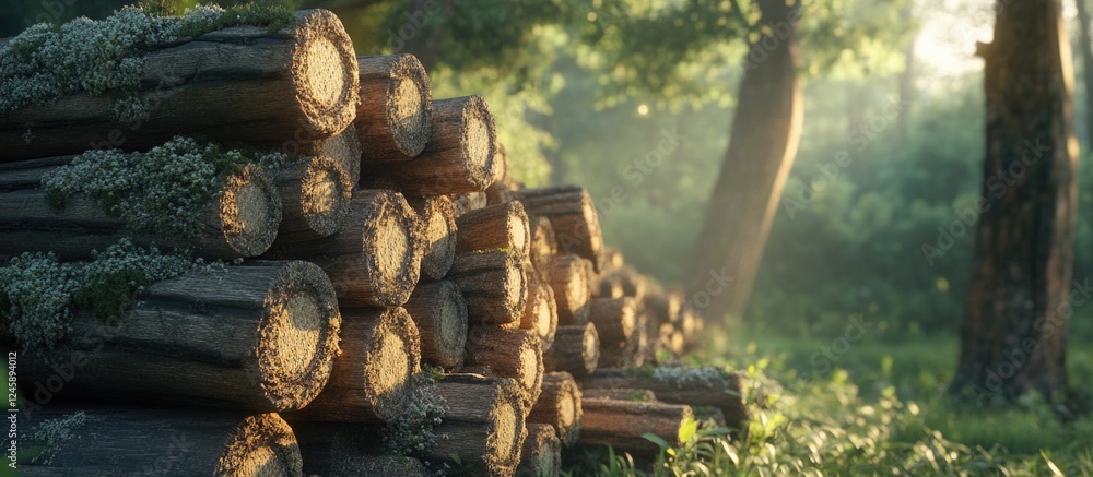 Poster serene forest scene with stacked logs bathed in soft sunlight surrounded by lush greenery and trees 