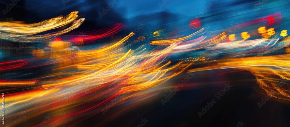 Poster dynamic abstract background of blurred city lights creating vibrant motion trails at night, ideal fo