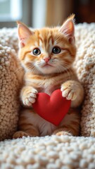 Cute kittne holding in mouth a red heart on a plush sofa