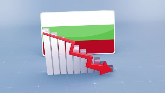 Bulgaria country flag and bar chart graph showing decreasing values a red arrow economic crisis concept. Flag of Bulgaria 