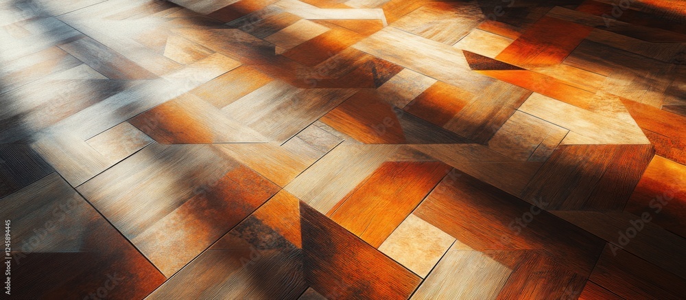 Poster abstract geometric design on wooden floor with varying colors and textures creating a warm and invit