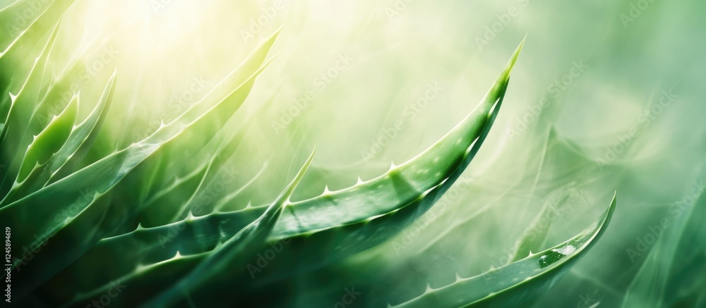 Poster aloe vera leaf details highlighted by backlighting emphasizing spines and teething in soft green bac