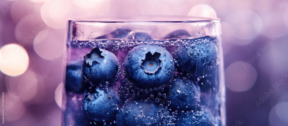 Poster blueberries submerged in sparkling soda with bubbles creating an abstract, colorful background for r