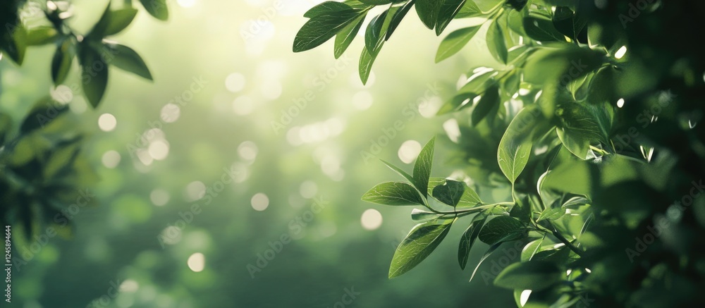 Poster lush green foliage with shimmering bokeh effect creating a serene nature background for relaxation a