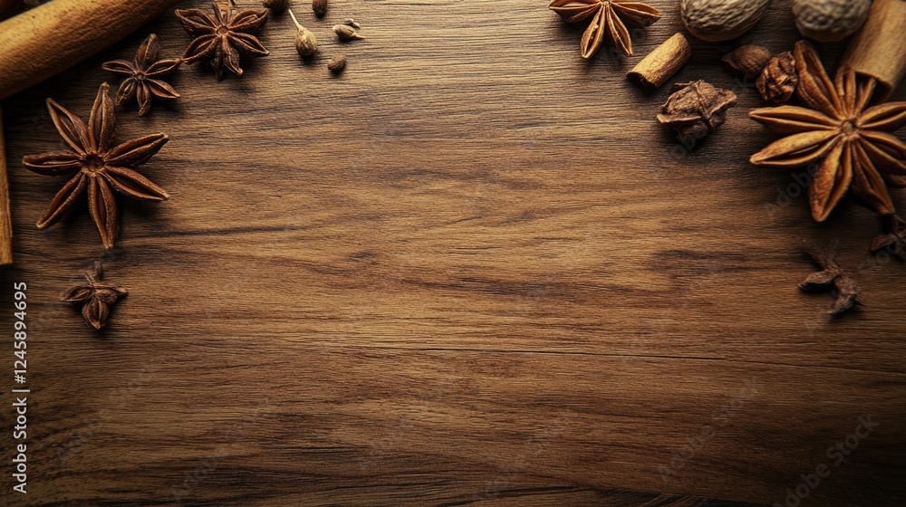 Poster aromatic spices beautifully displayed on a wooden surface with ample empty space for text or design 