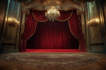 Red velvet stage curtains, opulent ballroom, chandelier, performance backdrop