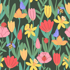 Colourful Seamless Pattern with Flowers and Garden Insects. Hand Drawn Illustration of Daffodil, Tulip, Muscari and Crocus and Insects.
