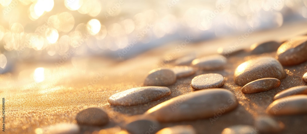 Poster abstract sandy beach with smooth stones illuminated by sunlight and soft ocean waves creating a sere
