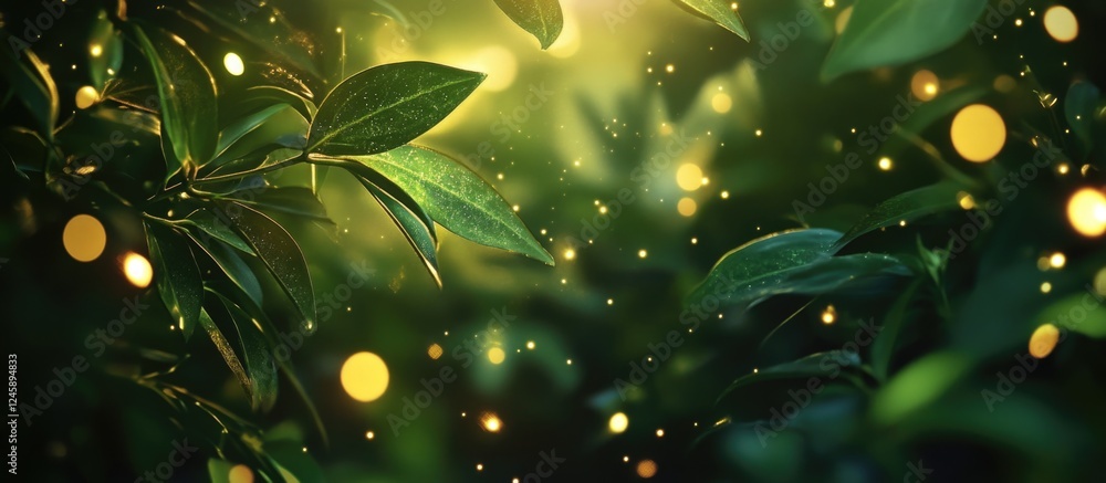 Poster abstract blurred lights illuminating green foliage creating a serene and enchanting nature backgroun