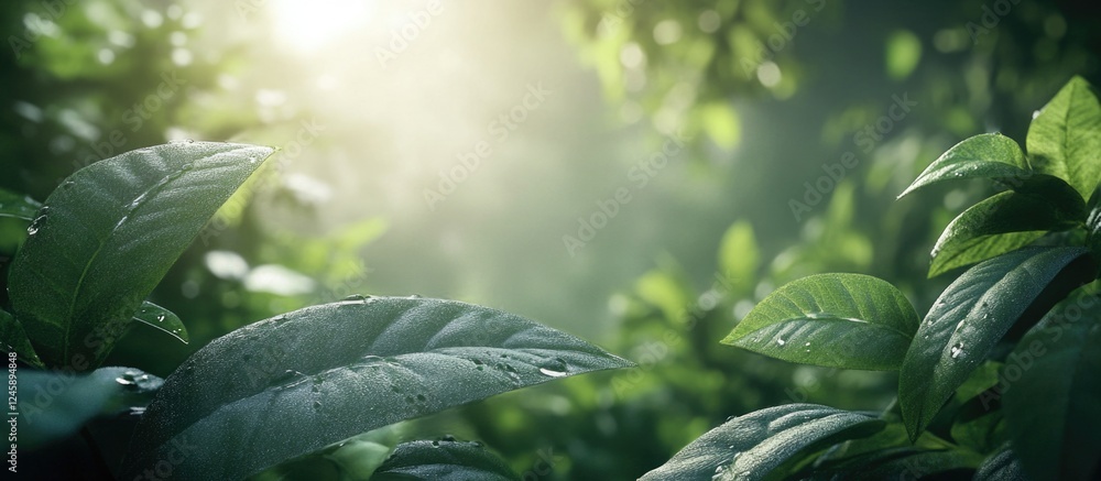 Poster lush green foliage with soft sunlight creating a serene and tranquil atmosphere in a vibrant natural
