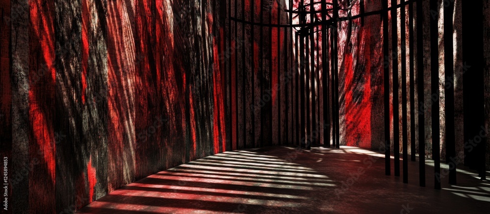 Poster abstract cage background with red, black, and white fabric weaving shadows creating a dramatic atmos