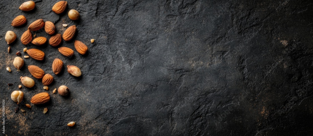 Poster almonds scattered on a black stone surface arranged in a top view composition showcasing texture and