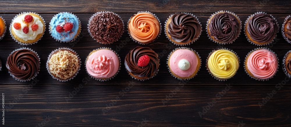 Poster assorted delicious cupcakes arranged on a dark wooden surface with blank space for customization or 