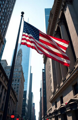 US flag in downtown against the backdrop of buildings in America.