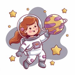 cute astronaut girl floating in space, holding a planet. stars and cosmic background. cartoon style illustration 