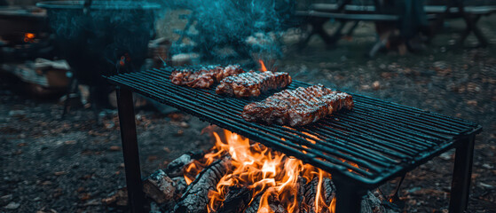 Juicy steaks grill over a roaring fire, surrounded by smoke, creating a perfect outdoor cooking scene.