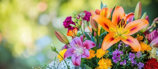 Vibrant bouquet of fresh flowers featuring colorful lilies and buds against a blurred garden background showcasing nature's beauty.