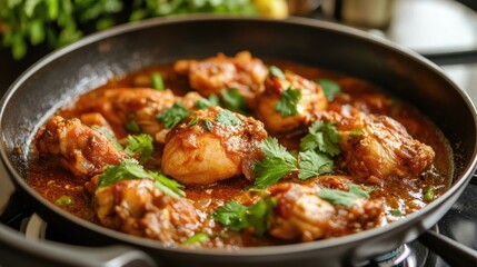 Fototapeta premium Aromatic Chicken Dish Cooking in a Pan on a Gas Stove with Fresh Herbs and Room for Text Placement in a Bright Kitchen Setting