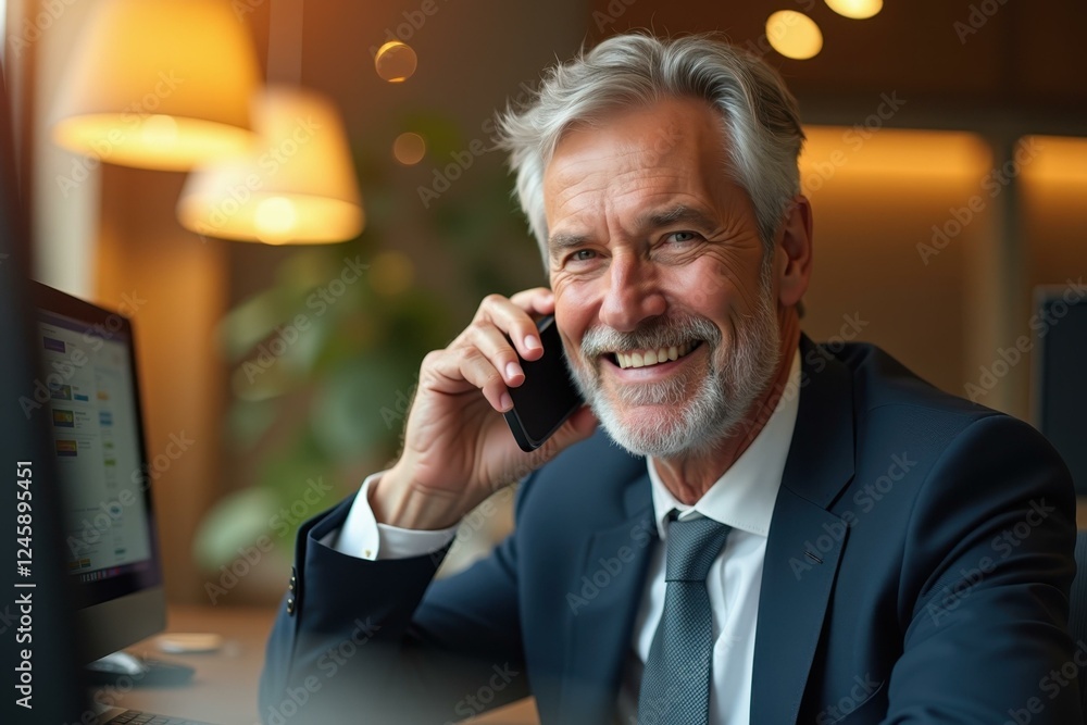 Poster man is smiling while talking on phone in front of computer