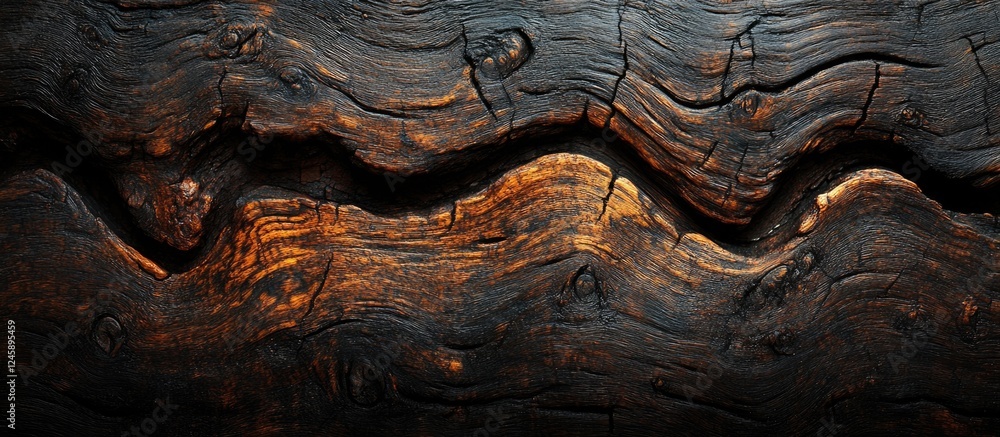 Poster close up of textured ancient wooden surface with intricate patterns and rich colors highlighting the