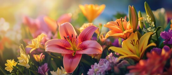Vibrant bouquet of colorful flowers and lily buds blooming in sunlight creating a joyful and fresh atmosphere