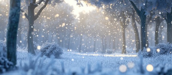 Winter Wonderland Snowy Forest with Fir and Deciduous Trees Glimmering in Soft Light First Snow Nature Background