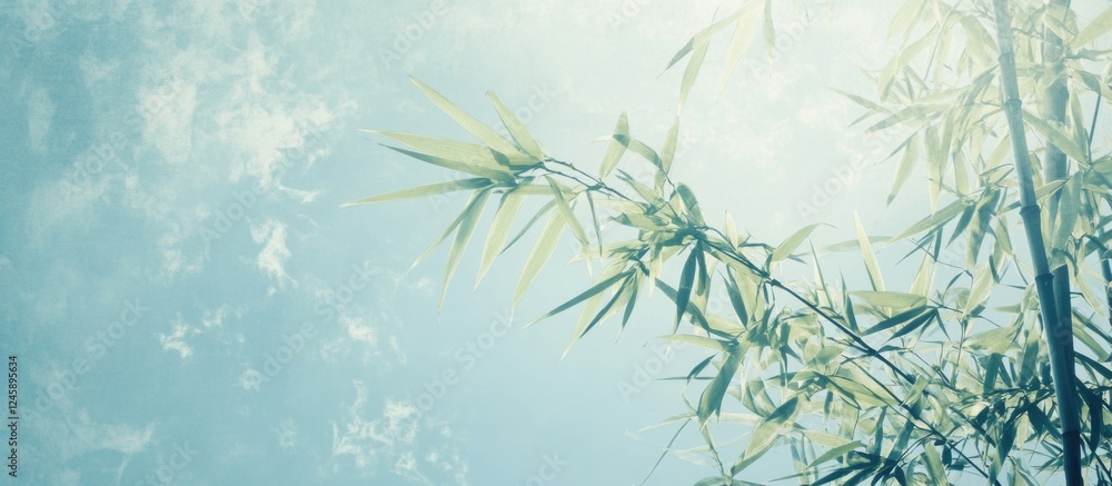 Poster bamboo trees stretching towards a blue sky creating a serene natural backdrop with soft light and tr