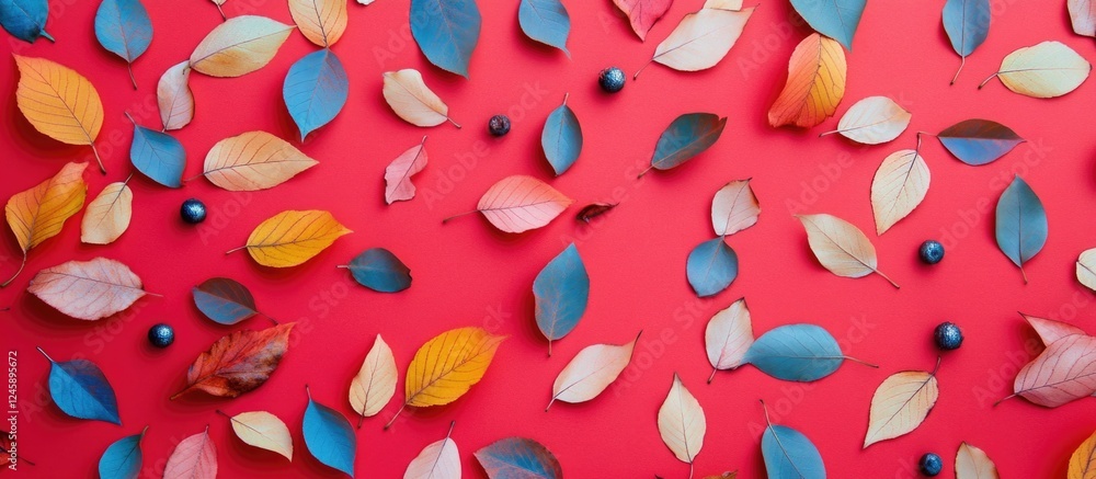 Poster autumn leaves and decorative elements scattered on a vibrant red background in a top view compositio