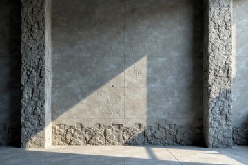 Sunlit Architectural Interior with Textured Concrete Walls and Stone Accents