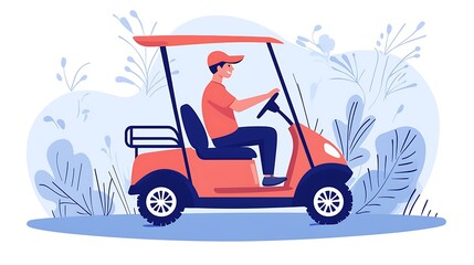 Happy Man Driving a Golf Cart in a Scenic Landscape