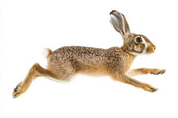 Wild hare in a leaping pose on a white background, adding energy and motion