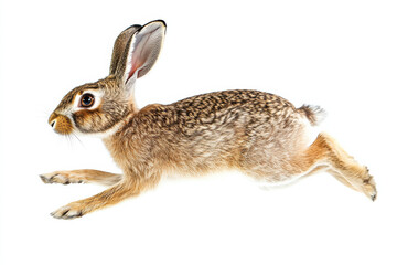Obraz premium Wild hare in a leaping pose on a white background, adding energy and motion