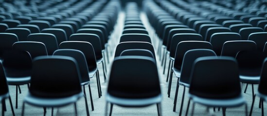Naklejka premium Audience Chairs Arranged in Rows Ready for Convention with Empty Space for Text Overlay