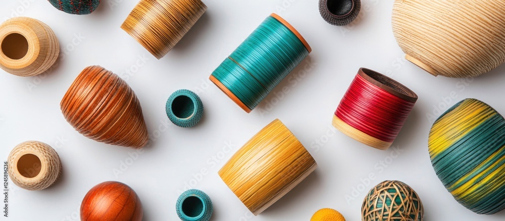 Poster colorful bamboo crafted objects displayed on a white background showcasing unique shapes and designs