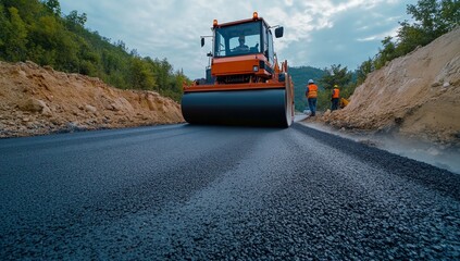 Road roller compacts asphalt, mountain road construction