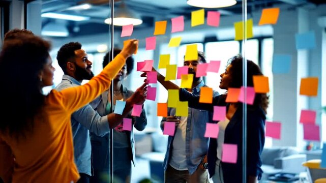 Creative professionals brainstorming ideas with sticky notes collaboratively. Business concept