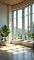 Spacious empty corner with expansive window view, light, panorama, unfurnished