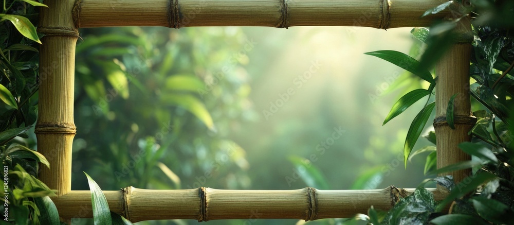 Poster natural bamboo frame surrounded by lush greenery and soft sunlight filtering through the leaves in a