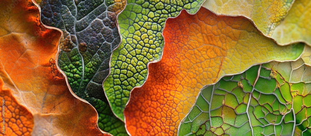 Poster vibrant and intricate close-up of multicolored leaves showcasing natural textures and patterns perfe
