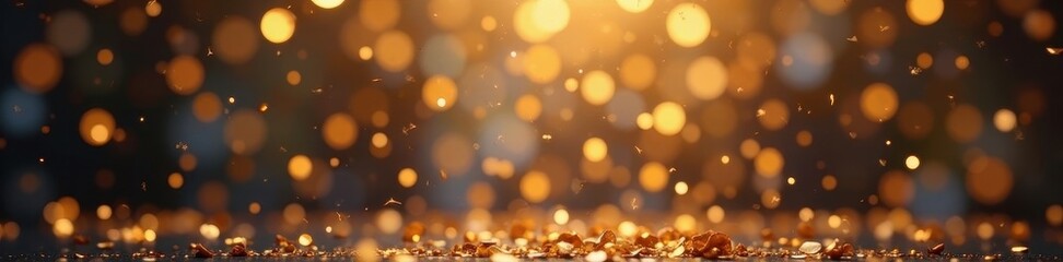 Obraz premium Golden confetti cascade against blurred backdrop, celebration, glitter confetti, party
