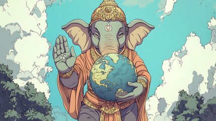 Obraz premium Ganesha Holding the Earth, Hindu God of Beginnings, Prosperity, and Wisdom.