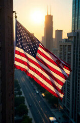 US flag in downtown against the backdrop of buildings in America.