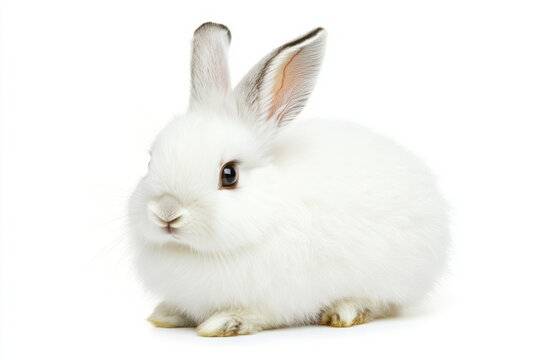 Fluffy arctic hare on a white background, showcasing its soft, winter coat