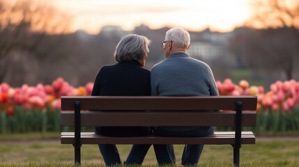 loving elderly couple sits on bench, enjoying sunset view over vibrant tulip flowers. Their connection radiates warmth and joy.