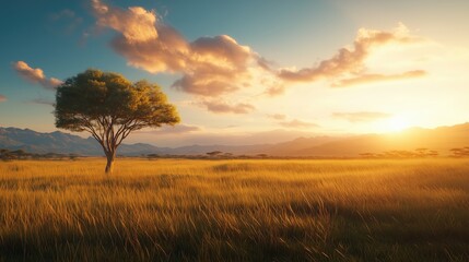 Fototapeta premium Panoramic sunrise on the serengeti tranquil savannah landscape