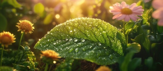 Dew-covered leaf glistening in sunlight surrounded by colorful flowers in a serene garden setting.