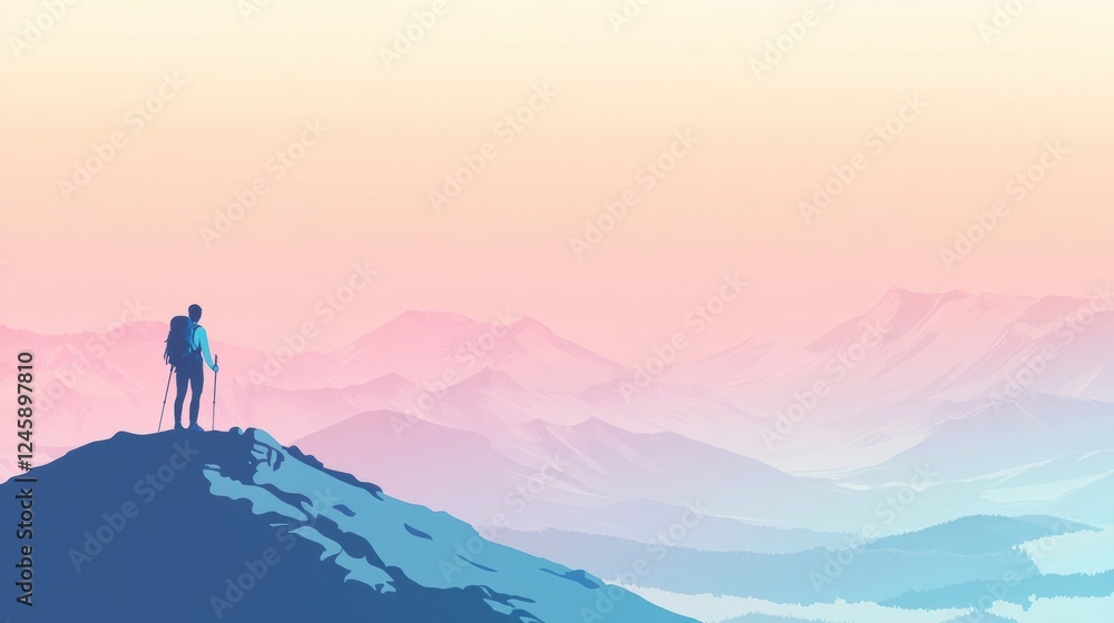 Poster silhouette of hiker standing on mountain ridge at sunset with open space for inspirational text. gen