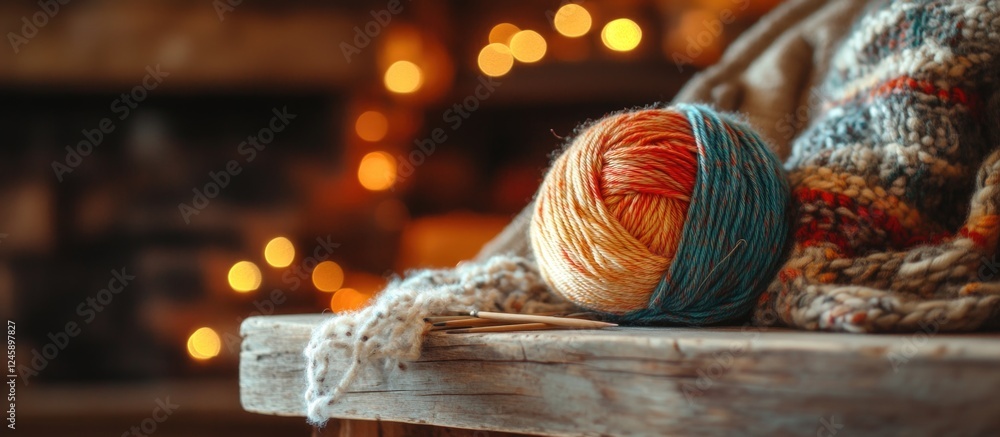 Poster colorful ball of yarn resting on a rustic wooden shelf with warm bokeh lights creating a cozy and in