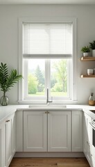 Clean white kitchen, window with crisp blinds, natural light, kitchen light, kitchen, decor