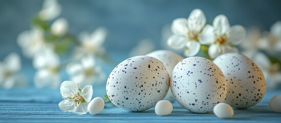 Obraz premium Speckled Easter eggs, spring blossoms, blue wood